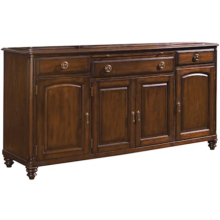 Four-Door Three-Drawer Dining Credenza with Silverware Tray & Pull-Out Laminate Shelf